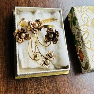 Vintage marked Harry Iskin 1/20 10K Gold Plate Pearl Flower Pin Brooch earrings